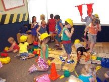 Crowd of kids in block room