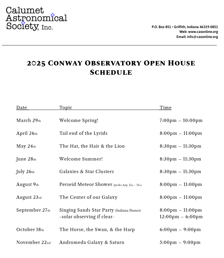 2025 Calumet Astronomy Society Conway Observatory Open House Schedule